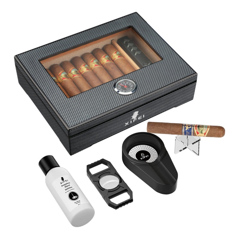 cigarette humidor box XIFEI Cigar Humidor, Glass Top carbon fiber texture top inlay Hygromet cigarette humidor box XIFEI Cigar Humidor, Glass Top carbon fiber texture top inlay Hygromet