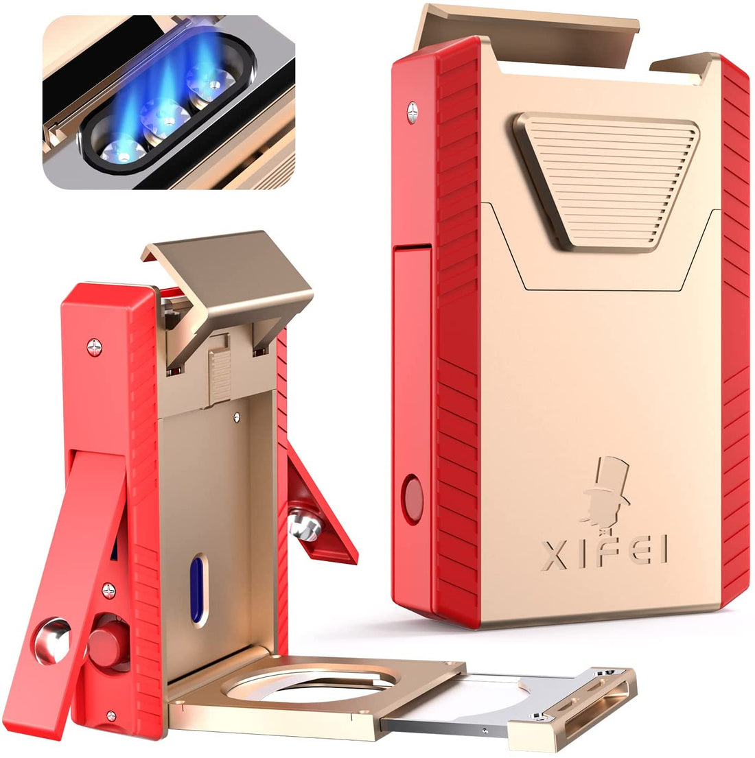 XIFEI Cigar Lighter Triple-Jet Flame, with Integrated Cigar Puncher and Double-Blade Cigar Cutter