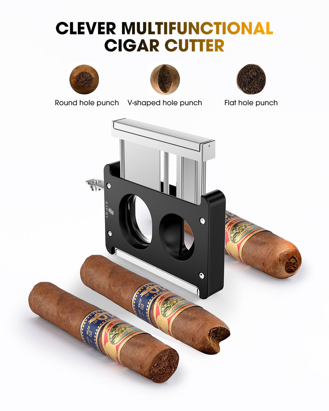 XIFEI Cigar Cutter V-Cut Guillotine,4 in 1 Straight Cut V Cutter with Cigar Punch Cigar Holder Stainless Steel Blade Ergonomic Design with Secure-Lock 60 RG Cigar Accessories (Black)