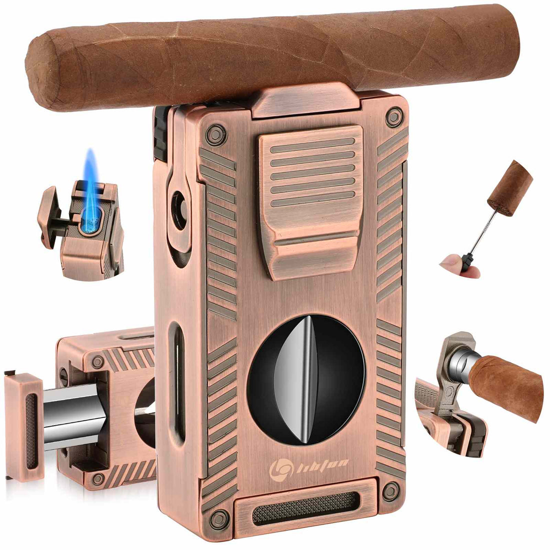 XIFEI LIHTUN 2 Jet Flame Torch Lighter with Cigar V Cutter, Cigar Holder, Cigar Draw Enhancer, Cigar Punch, Refillable Butane Lighter, Smoking Gift for Men