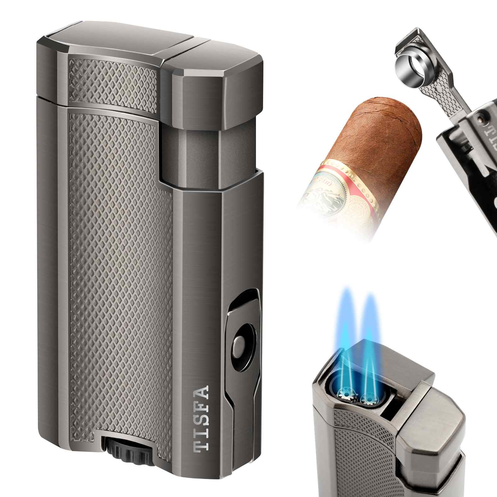 XIFEI TISFA Cigar Lighter Double Jet Flame, Built-in Cigar Punch, Cigar Holder, Adjustable Windproof Butane Lighter, Refillable Pocket Cool Lighters