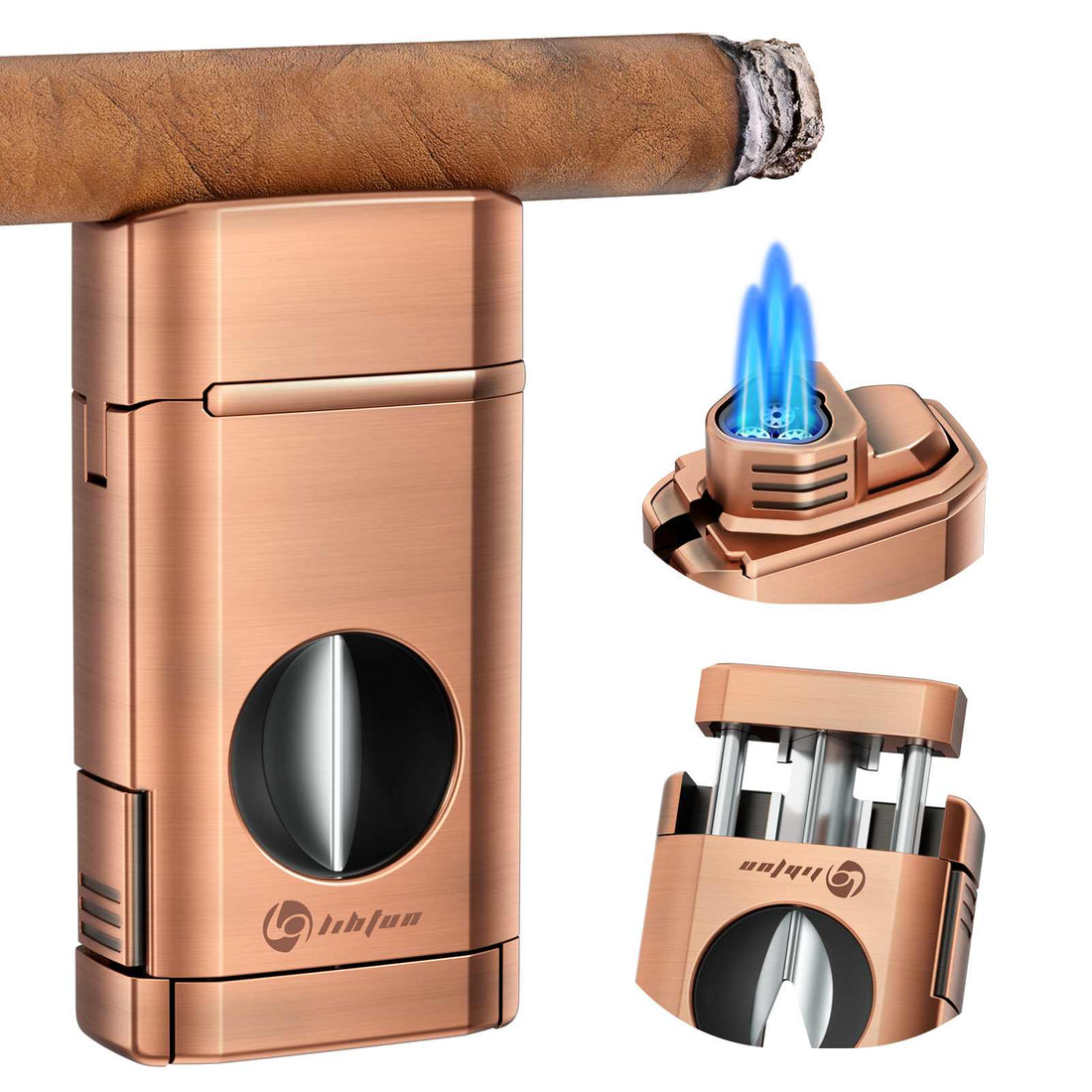 XIFEI LIHTUN 3-in-1 Cigar Lighter, Triple Jet Flame Torch Lighter, One-Touch Cigar Cutter V Cut, Built-in Cigar Holder (Without Butane Gas)