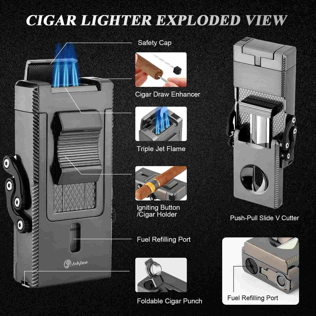 XIFEI LIHTUN 3 Jet Flame Torch Lighter with Slide Cigar V Cutter, Cigar Holder, Cigar Draw Enhancer, Cigar Punch, Refillable Butane Lighter, Smoking Gift for Men