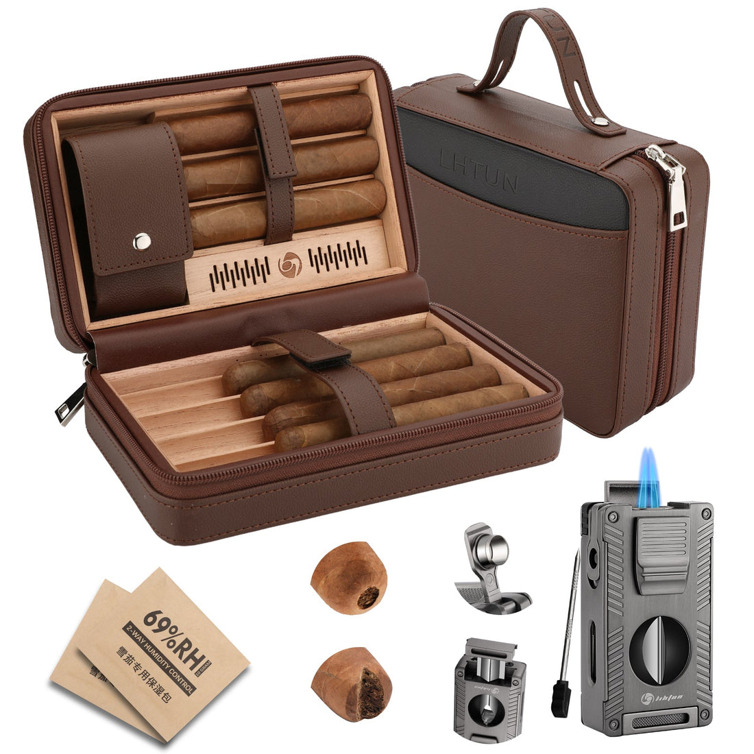 XIFEI LIHTUN Cigar Humidor, Leather Cedar Wood Travel Cigar Case and Multifunctional 5-in-1 Cigar Lighter Set, Portable Humidor Box with 2 Two-Way Humidity Packs, Holds 7 Cigars