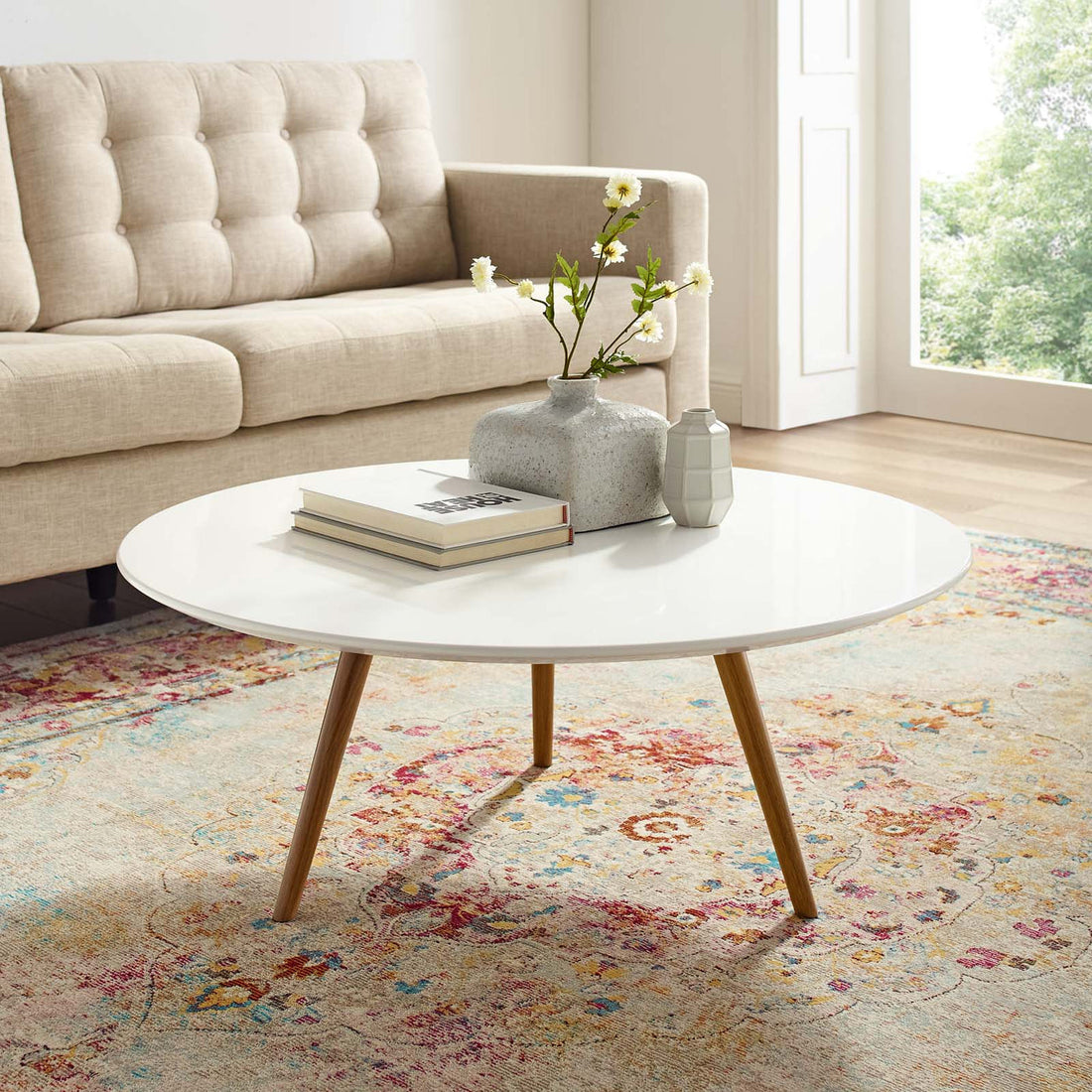 Lexmod Lippa 36" Round Wood Top Coffee Table with Tripod Base by Modway