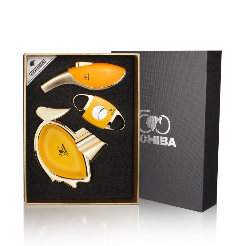 COHIBA CIGAR LIGHTER ACCESSORIES SET CIGAR CUTTER COMO CIGAR ASHTRAY WINDPROOF BUTANE GAS TORCH JET FLAME LIGHTER CIGAR MEN GIFT BOX