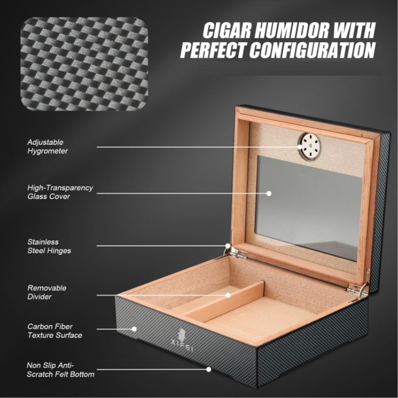 XIFEI Cigar Humidor, Glass Top carbon fiber texture top inlay Hygrometer,including Cigar humidifier, acrylic Cigar stand,Cigar ashtray and Humidor Solution, Holds 20-30 Cigars (9IN*7.5*2.8)