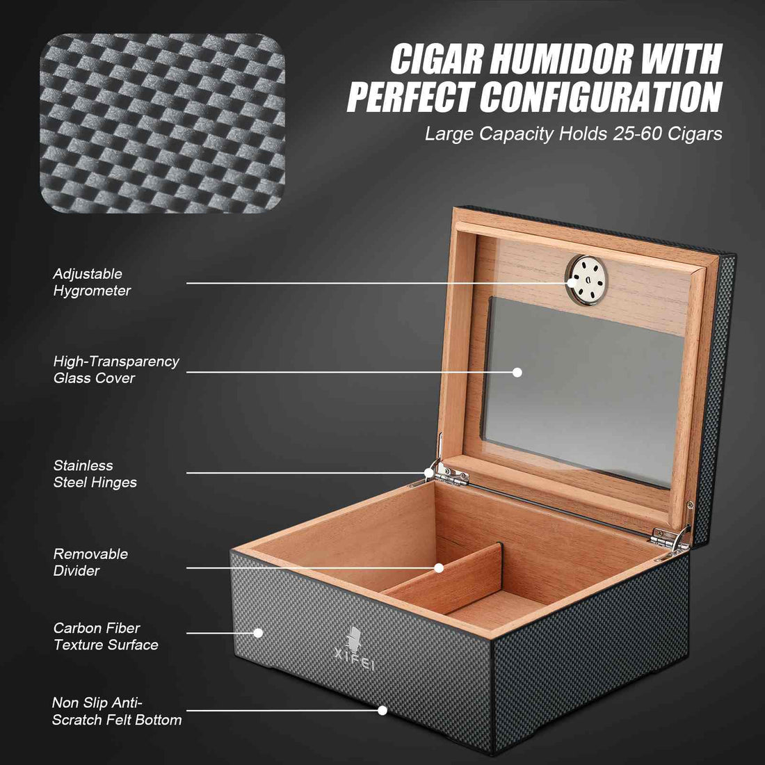 XIFEI Cigar Humidor, Glass Top carbon fiber texture top inlay Hygrometer,including Cigar humidifier, acrylic Cigar stand,Cigar ashtray and Humidor Solution, Holds 25-50 Cigars (9*7.5*3.8IN)