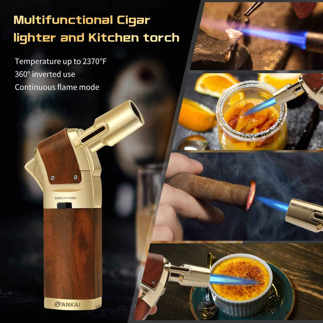 XIFEI FANKAI Cigar Torch Lighter with Punch, Kitchen Cooking Torch Lighter with Locking Mechanism, Wood Grain Butane Torch Lighter