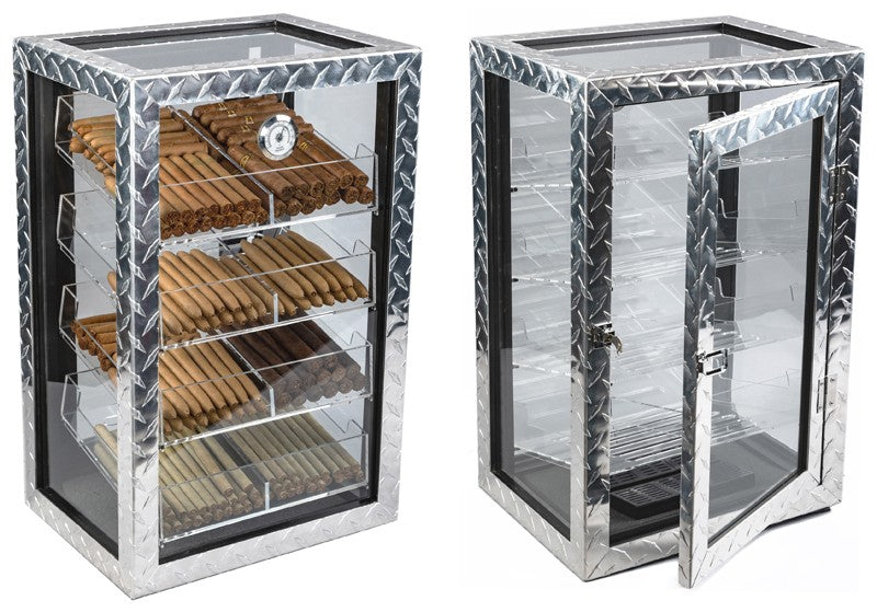 Prestige Import Group Diamond Plate 250 Ct. Industrial Diamond Plate Metal Display Humidor w/ 4 Large Acrylic Trays