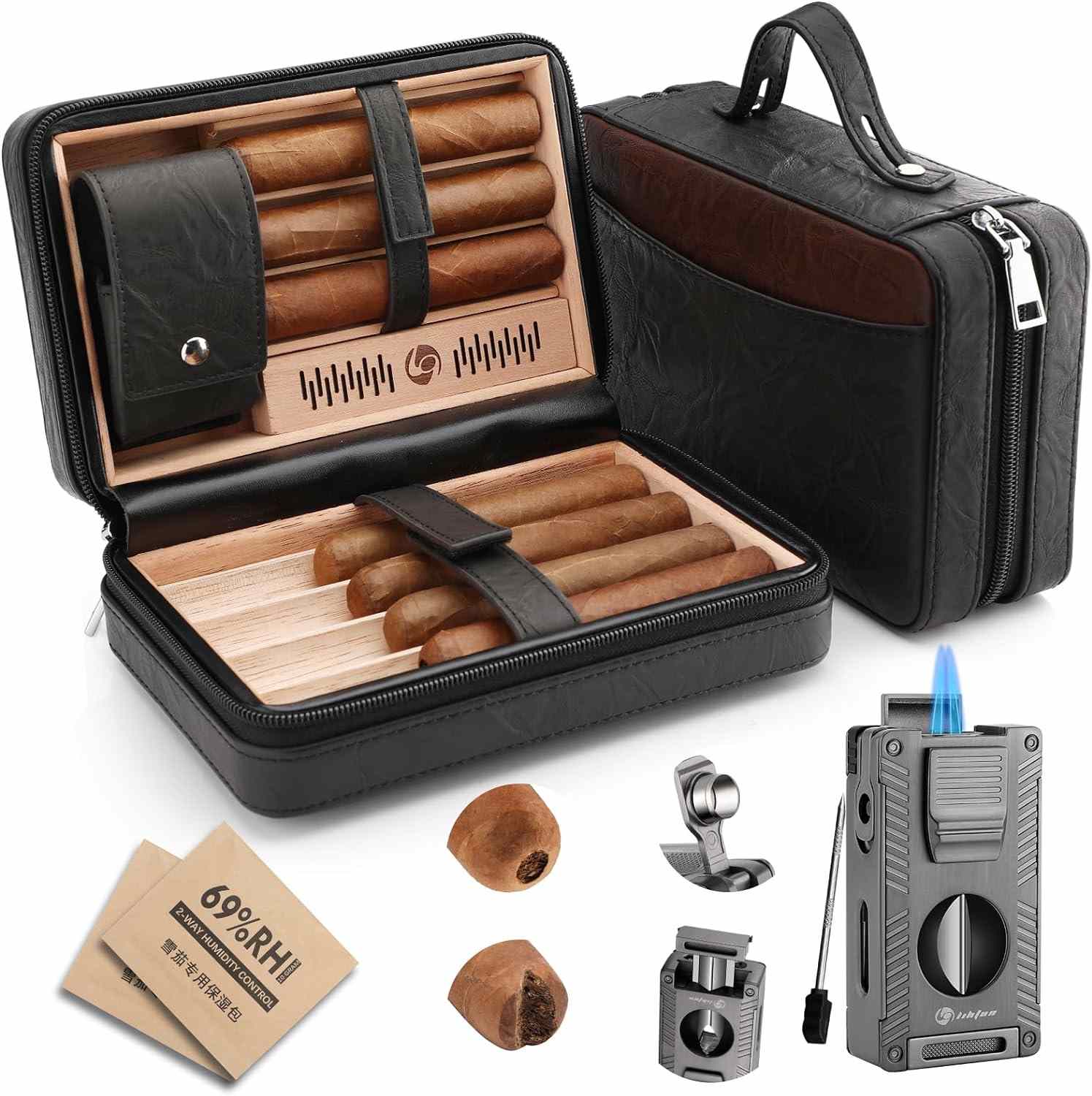 XIFEI LIHTUN Cigar Humidor, Leather Cedar Wood Travel Cigar Case and Multifunctional 5-in-1 Cigar Lighter Set, Portable Humidor Box with 2 Two-Way Humidity Packs, Holds 7 Cigars