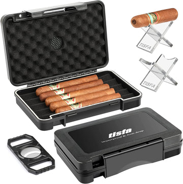 XIFEI TISFA Cigar Travel Humidor Case with Cigar Cutter and Cigar Stand, Portable Cigar Humidor, Waterproof Cigar Box Holds up to 5 Cigars - Cigars Gift Set for Men