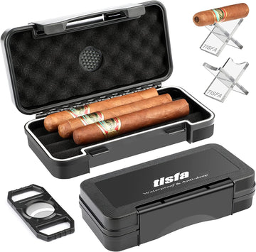 XIFEI TISFA Cigar Travel Humidor Case with Cigar Cutter and Cigar Stand, Portable Cigar Humidor, Waterproof Cigar Box Holds up to 4 Cigars - Cigars Gift Set for Men