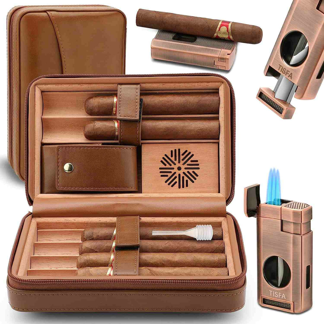 XIFEI TISFA Cigar Humidor, Leather Cedar Wood Cigar Case with Cigar Lighter, V Cut Cigar Cutter, Cigar Holder 3 in 1, Portable Travel Cigar Humidor Box with Humidifier, Cigar Gift Set