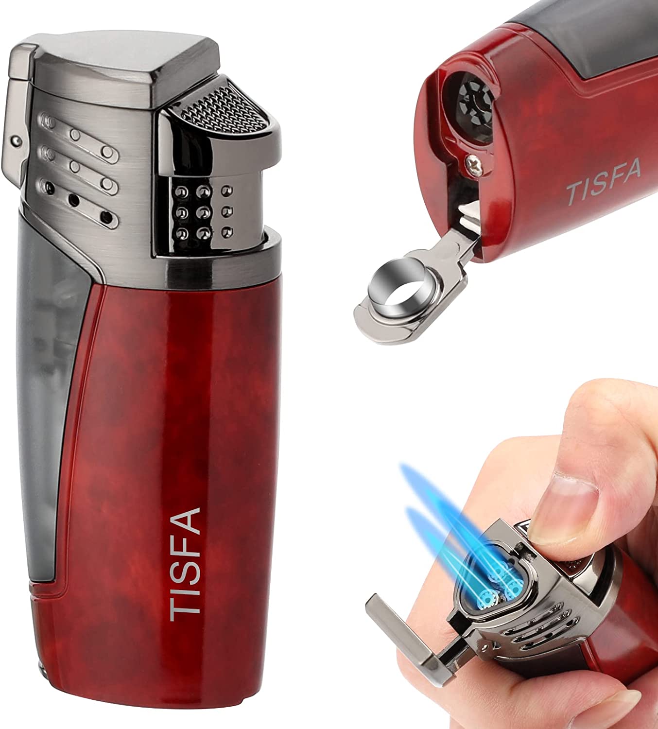 XIFEI TISFA Torch Lighter Triple Jet Flame with Cigar Punch, Refillable Butane Lighter with Fuel Visible Window, Adjustable Windproof Pocket Lighters with Gift Box
