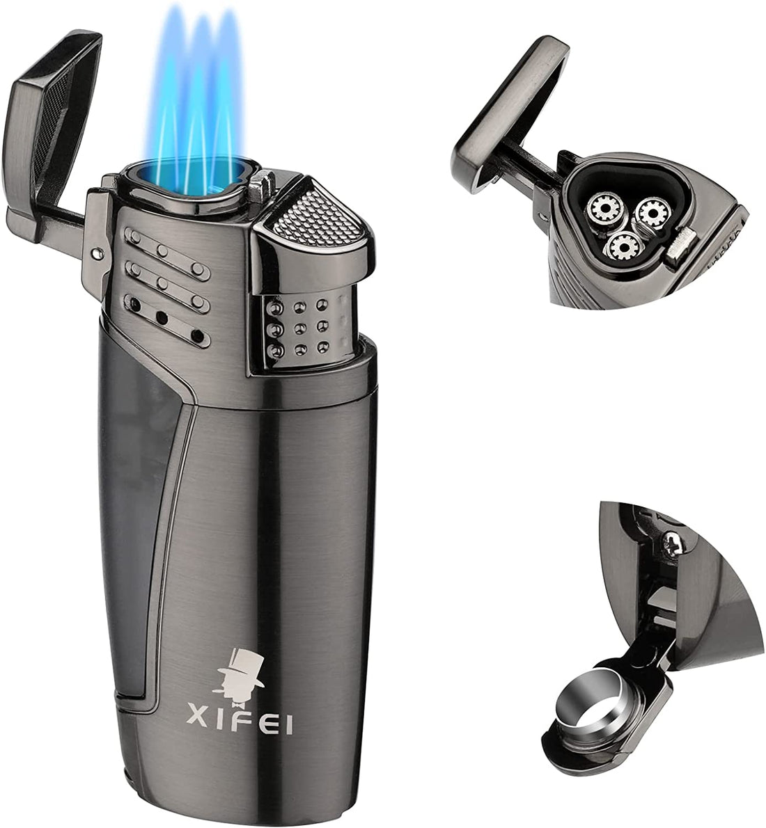 XIFEI TISFA Torch Lighter Triple Jet Flame with Cigar Punch, Refillable Butane Lighter with Fuel Visible Window, Adjustable Windproof Pocket Lighters with Gift Box