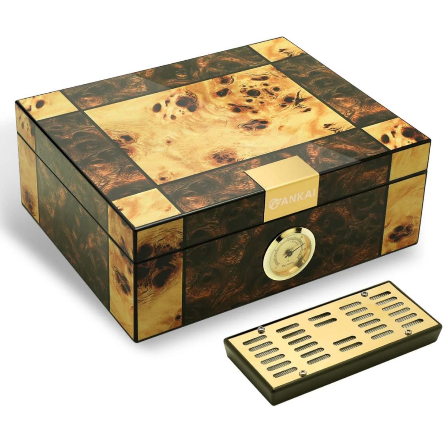 XIFEI FANKAI Wooden Cigar Humidor Box with Hygrometer Humidifier Divider, Handmade Table Humidor Case Holds Up to 60 Cigars