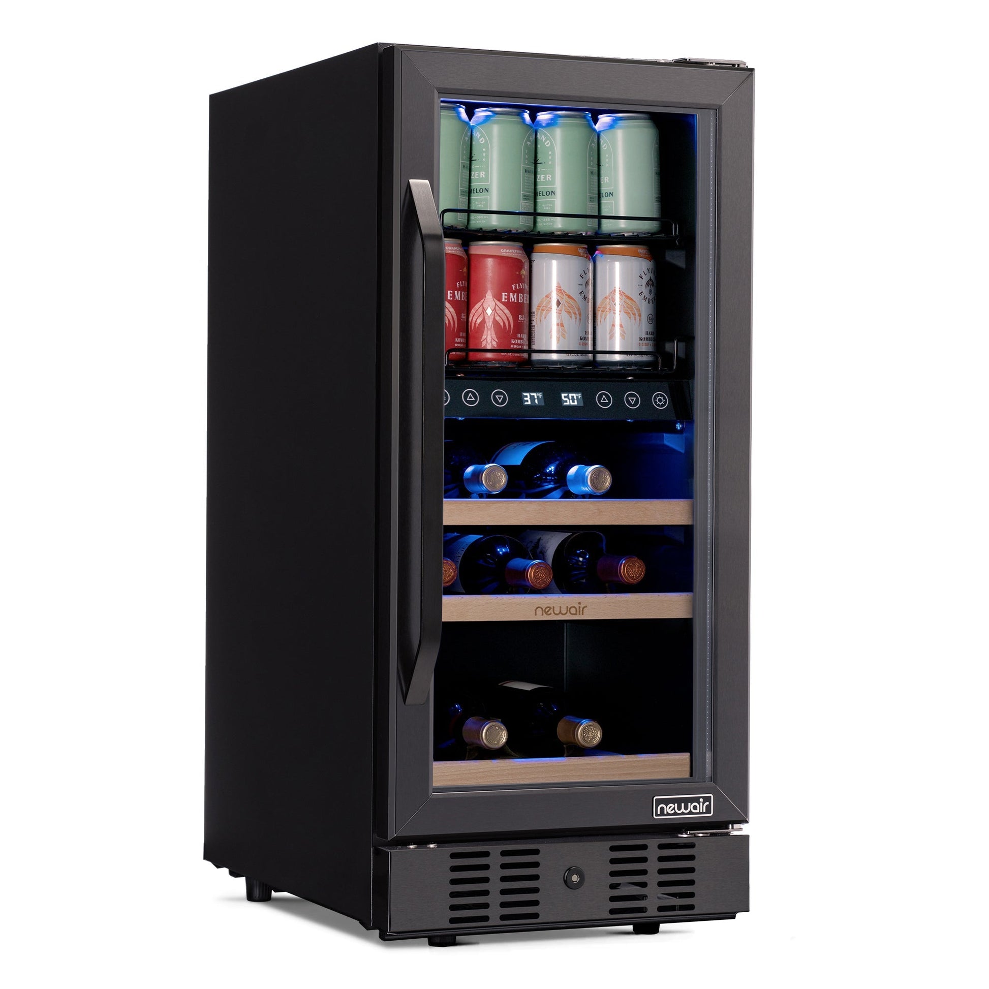 Newair 15 Inch Wine and Beverage Refrigerator – 13 Bottles & 48 Cans Capacity with Dual Temperature Zone Wine Cooler, Black Stainless Steel & Double-Layer Tempered Glass Door, Compact Wine Cellar Built-in Counter or Freestanding Fridge