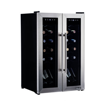 Newair 24?Bottle Wine Cooler Refrigerator, French Door Dual Temperature Zones, Freestanding Wine Fridge with Stainless Steel & Double-Layer Tempered Glass Door, Quiet Compressor Cooling for Reds, Whites, and Sparkling Wine