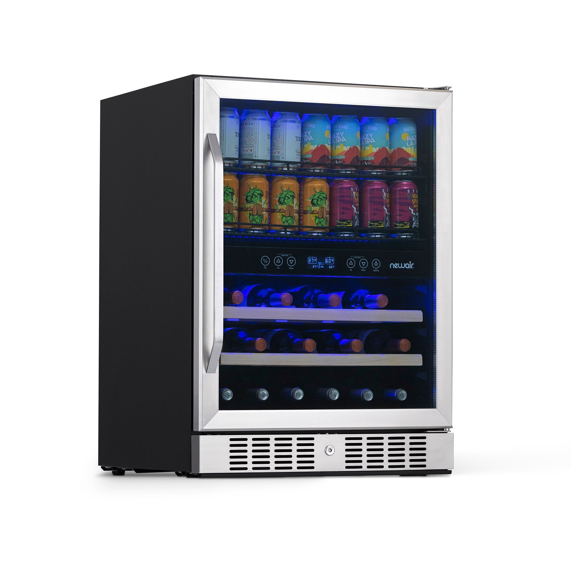 Newair 24” Built-in Dual Zone 20 Bottle and 70 Can Wine and Beverage Fridge in Stainless Steel with SplitShelf™ and Smooth Rolling Shelves