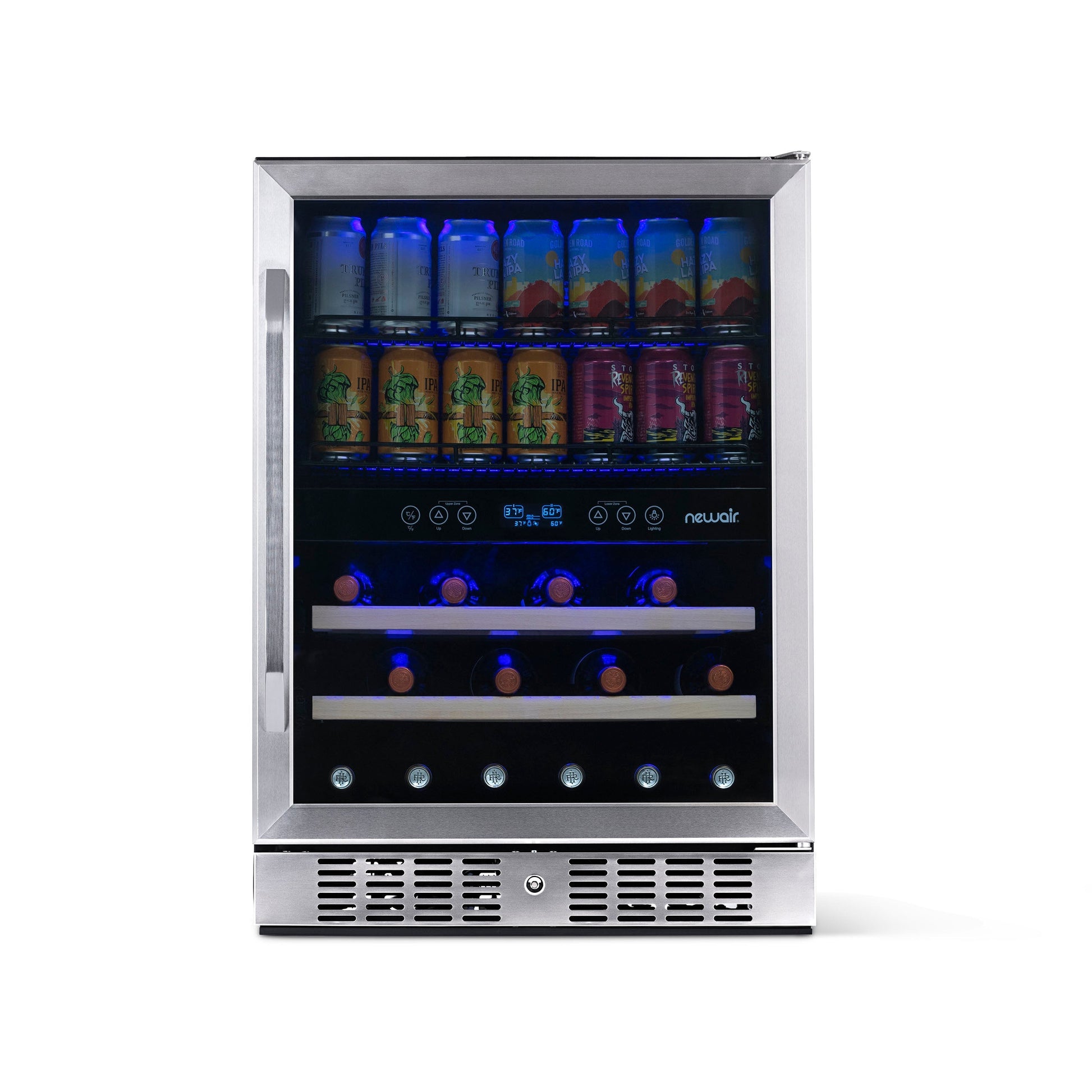 Newair 24” Built-in Dual Zone 20 Bottle and 70 Can Wine and Beverage Fridge in Stainless Steel with SplitShelf™ and Smooth Rolling Shelves