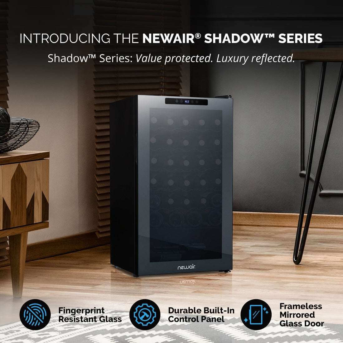 Newair® Shadow?? Series Wine Cooler Refrigerator 34 Bottle, Freestanding Mirrored Wine Fridge with Double-Layer Tempered Glass Door & Compressor Cooling for Reds, Whites, and Sparkling Wine, 41f-64f Digital Temperature Control