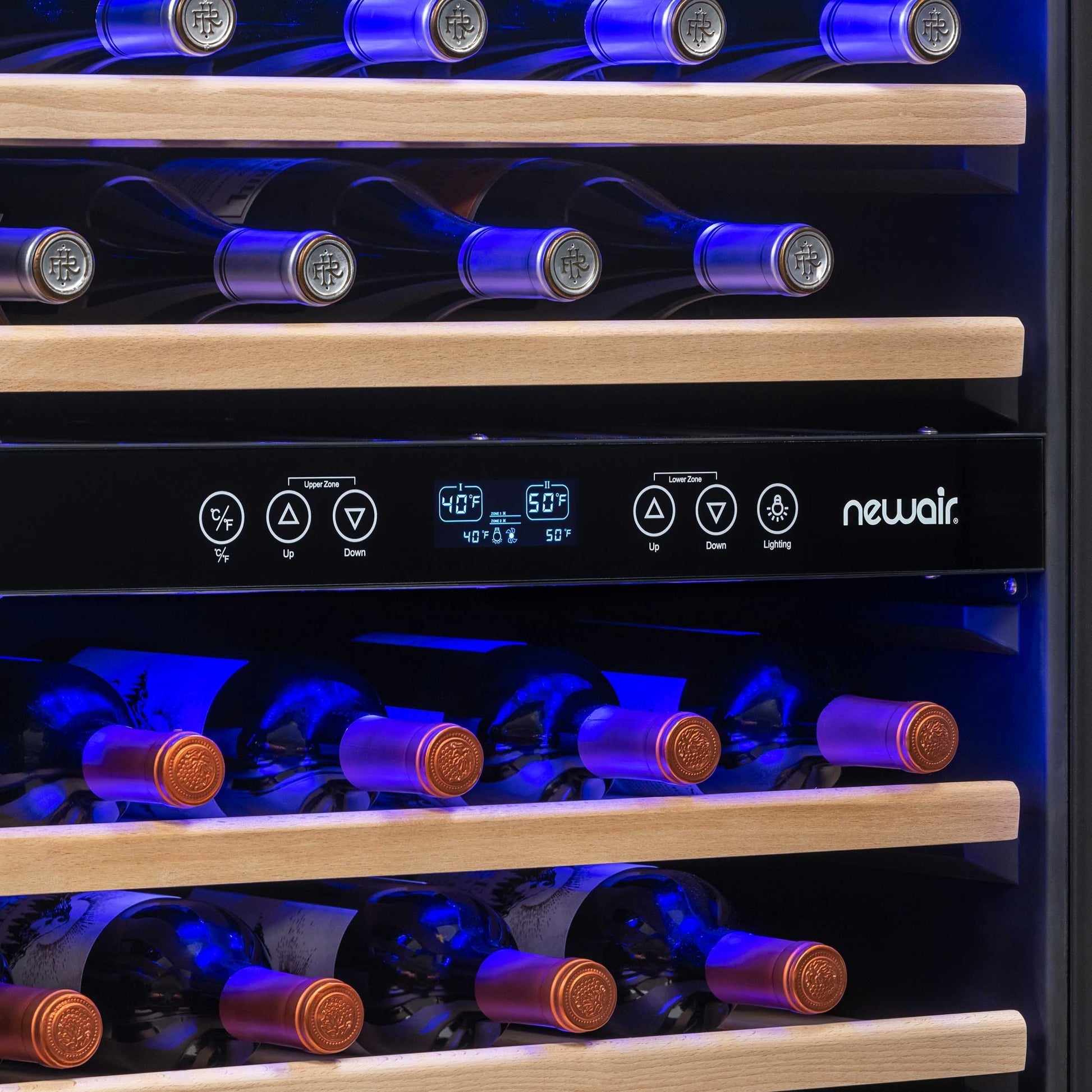 Newair 24” Built-in 46 Bottle Dual Zone Wine Fridge in Stainless Steel, Quiet Operation with Beech Wood Shelves