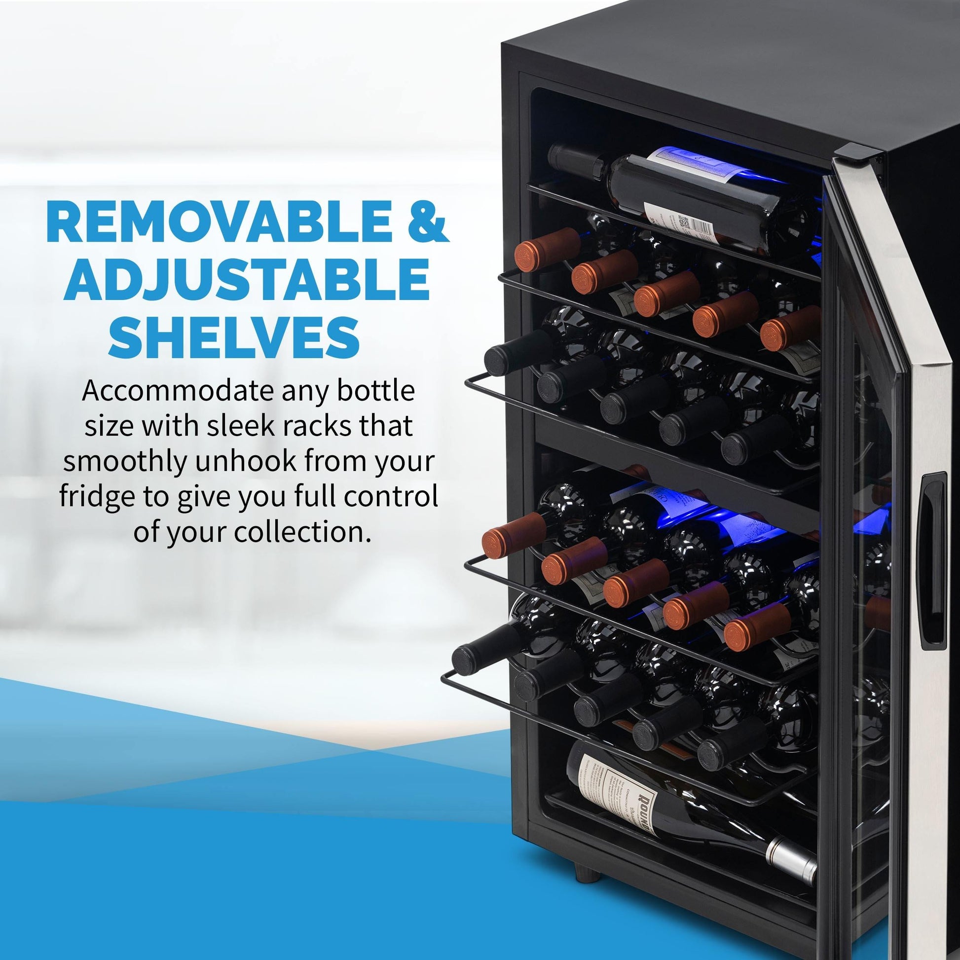 Newair Freestanding 28?Bottle Dual Zone Wine Fridge?in Stainless Steel and Adjustable Racks