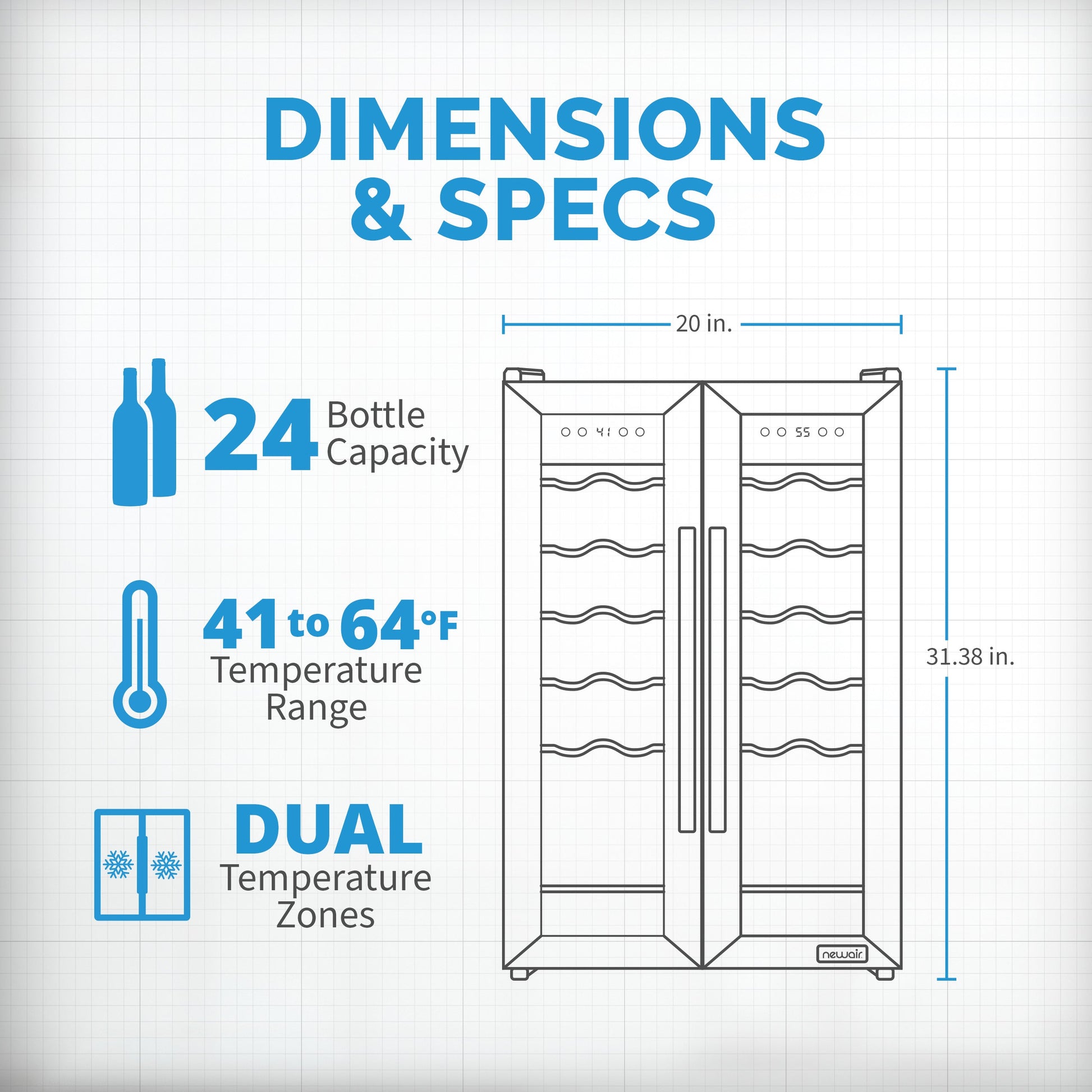 Newair 24?Bottle Wine Cooler Refrigerator, French Door Dual Temperature Zones, Freestanding Wine Fridge with Stainless Steel & Double-Layer Tempered Glass Door, Quiet Compressor Cooling for Reds, Whites, and Sparkling Wine