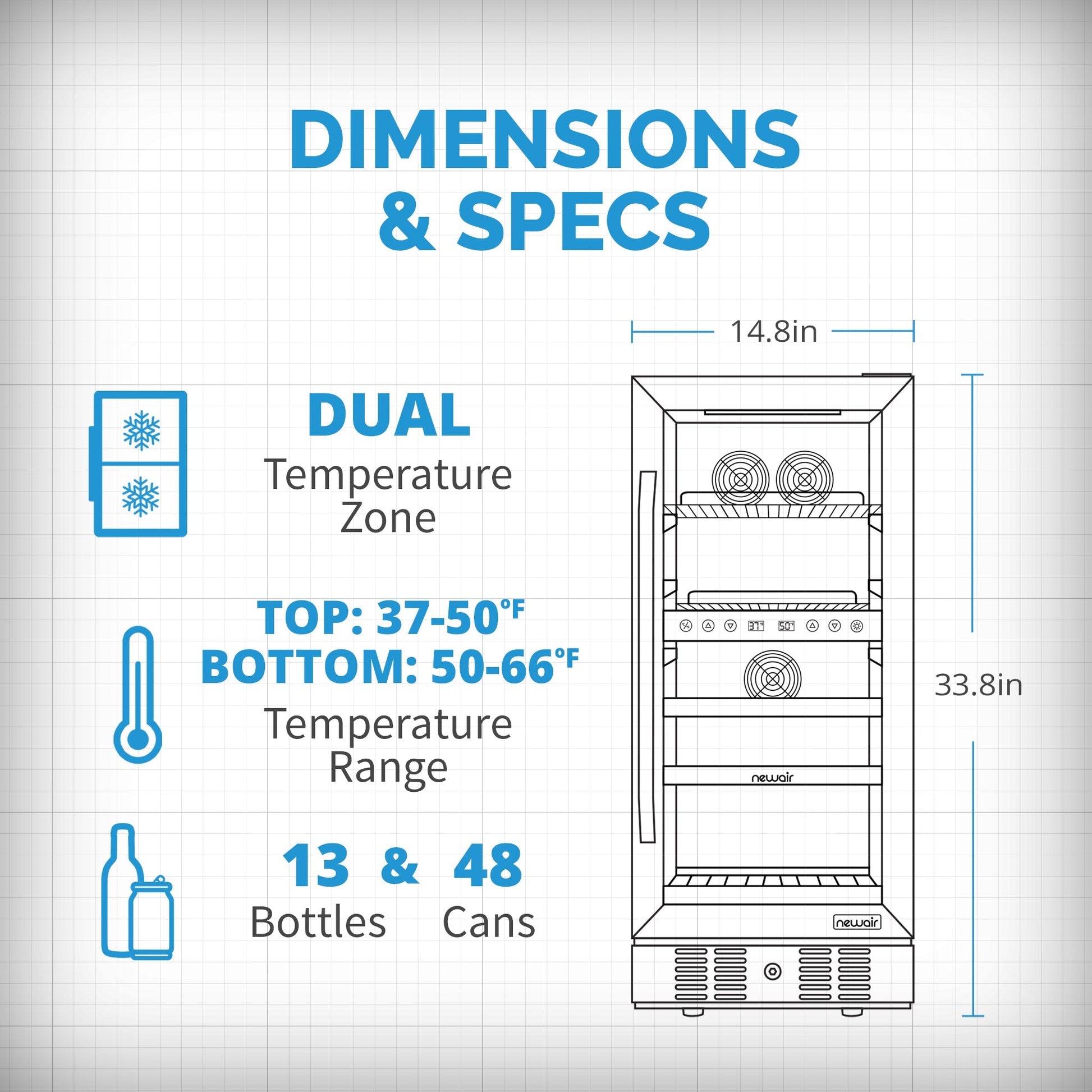 Newair 15 Inch Wine and Beverage Refrigerator – 13 Bottles & 48 Cans Capacity with Dual Temperature Zone Wine Cooler, Black Stainless Steel & Double-Layer Tempered Glass Door, Compact Wine Cellar Built-in Counter or Freestanding Fridge