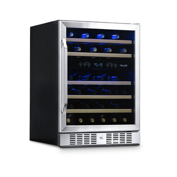 Newair 24” Built-in 46 Bottle Dual Zone Wine Fridge in Stainless Steel, Quiet Operation with Beech Wood Shelves