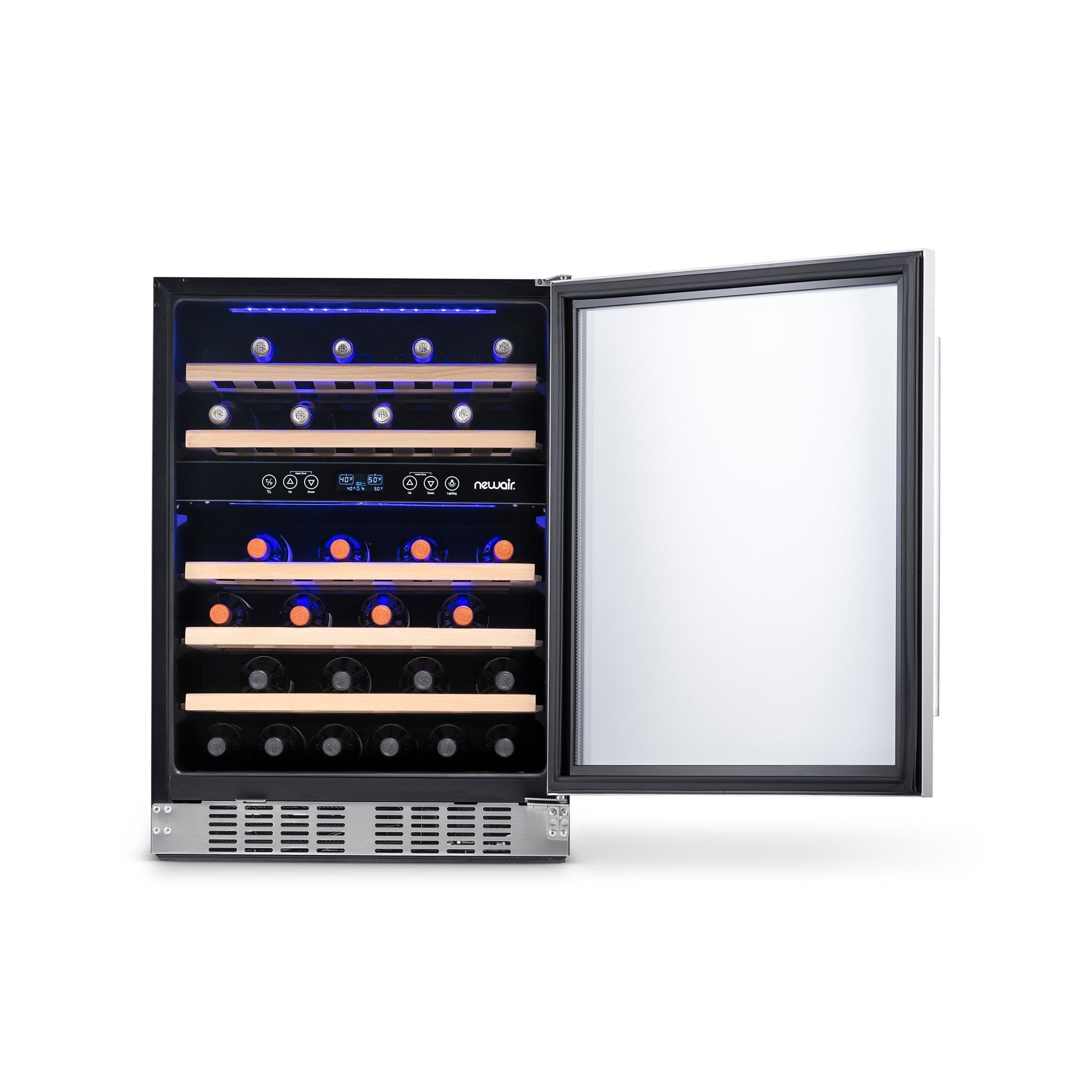 Newair 24” Built-in 46 Bottle Dual Zone Wine Fridge in Stainless Steel, Quiet Operation with Beech Wood Shelves