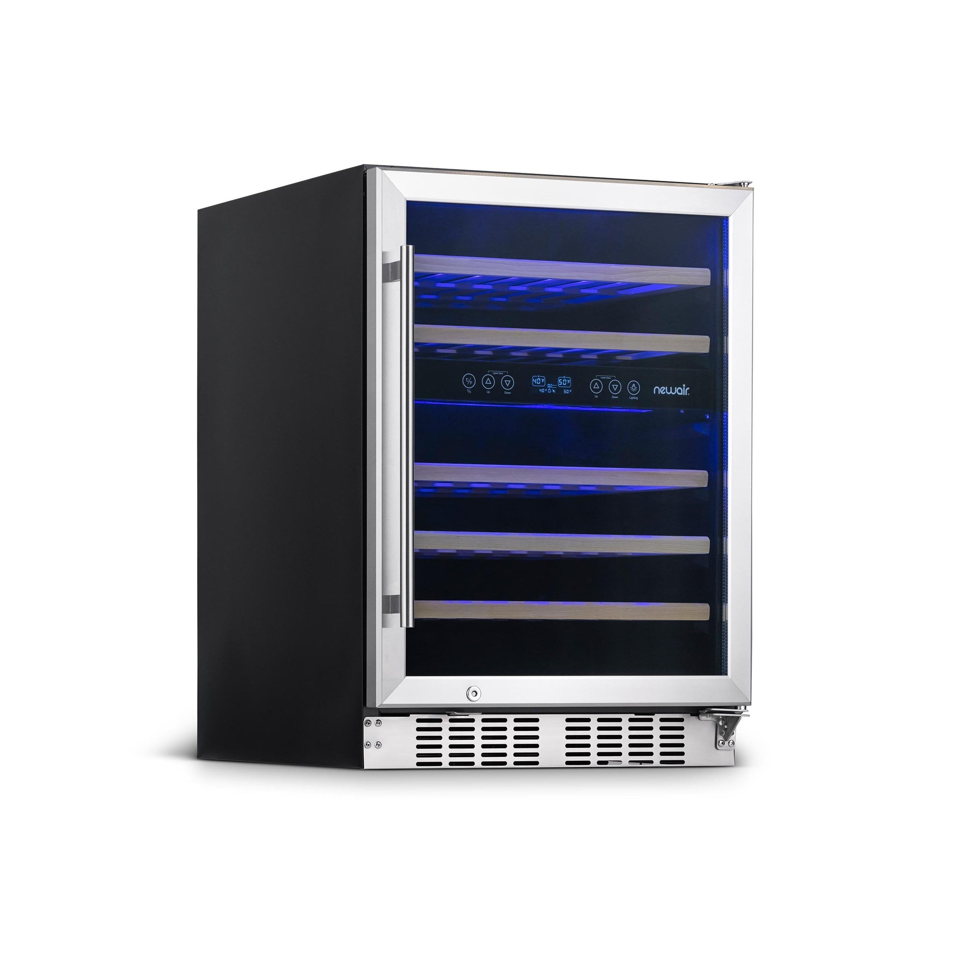 Newair 24” Built-in 46 Bottle Dual Zone Wine Fridge in Stainless Steel, Quiet Operation with Beech Wood Shelves