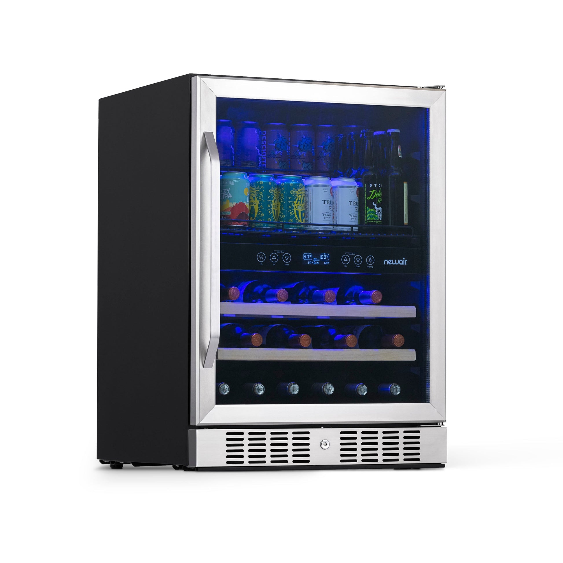 Newair 24” Built-in Dual Zone 20 Bottle and 70 Can Wine and Beverage Fridge in Stainless Steel with SplitShelf™ and Smooth Rolling Shelves