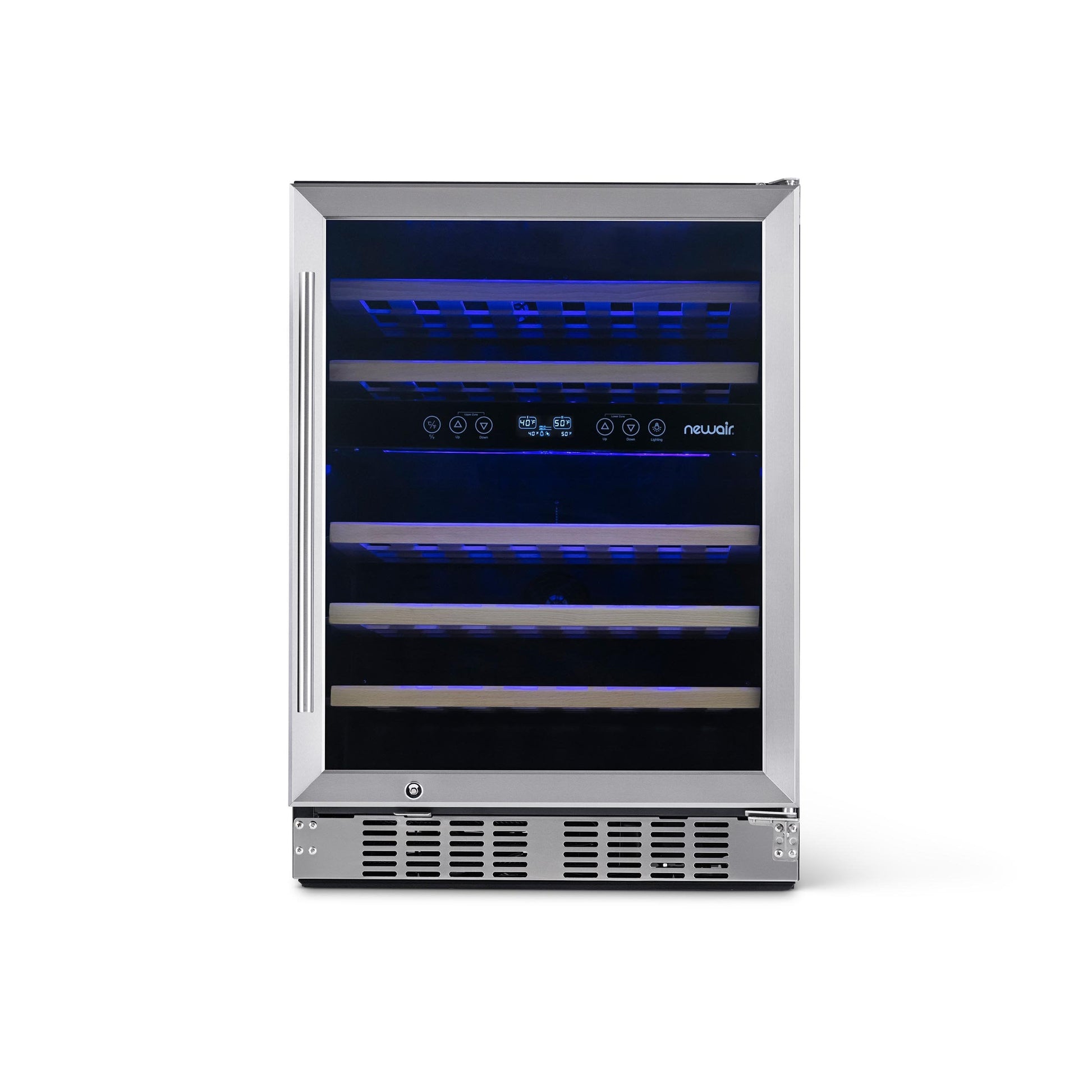 Newair 24” Built-in 46 Bottle Dual Zone Wine Fridge in Stainless Steel, Quiet Operation with Beech Wood Shelves