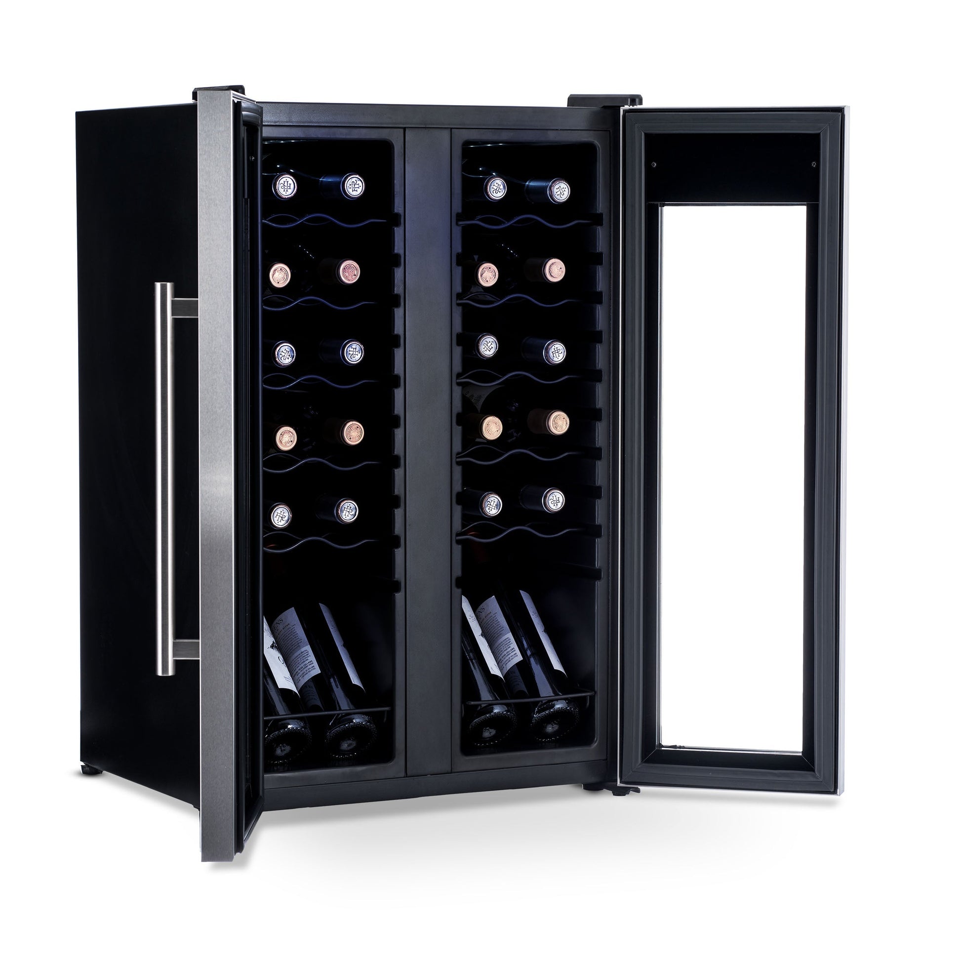 Newair 24?Bottle Wine Cooler Refrigerator, French Door Dual Temperature Zones, Freestanding Wine Fridge with Stainless Steel & Double-Layer Tempered Glass Door, Quiet Compressor Cooling for Reds, Whites, and Sparkling Wine