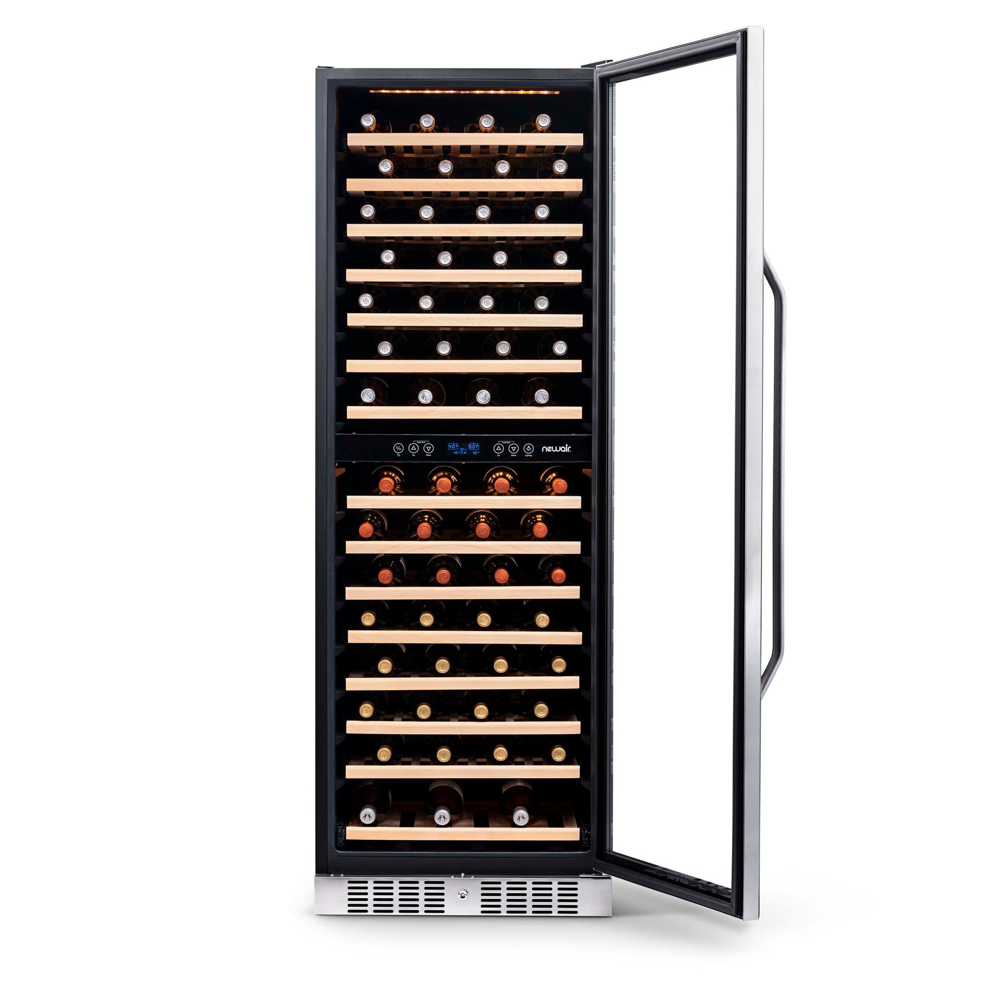 Newair 24” Built-in 160 Bottle Dual Zone Compressor Wine Fridge in Stainless Steel, Quiet Operation with Smooth Rolling Shelves