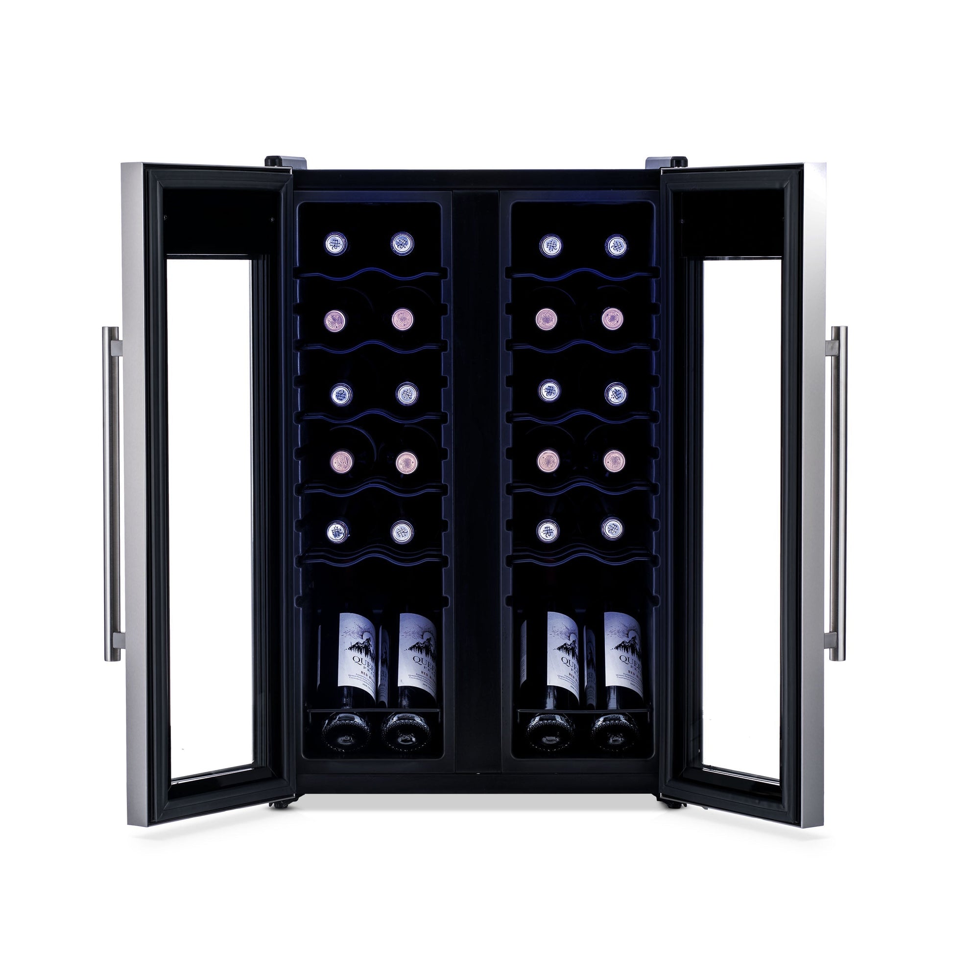 Newair 24?Bottle Wine Cooler Refrigerator, French Door Dual Temperature Zones, Freestanding Wine Fridge with Stainless Steel & Double-Layer Tempered Glass Door, Quiet Compressor Cooling for Reds, Whites, and Sparkling Wine