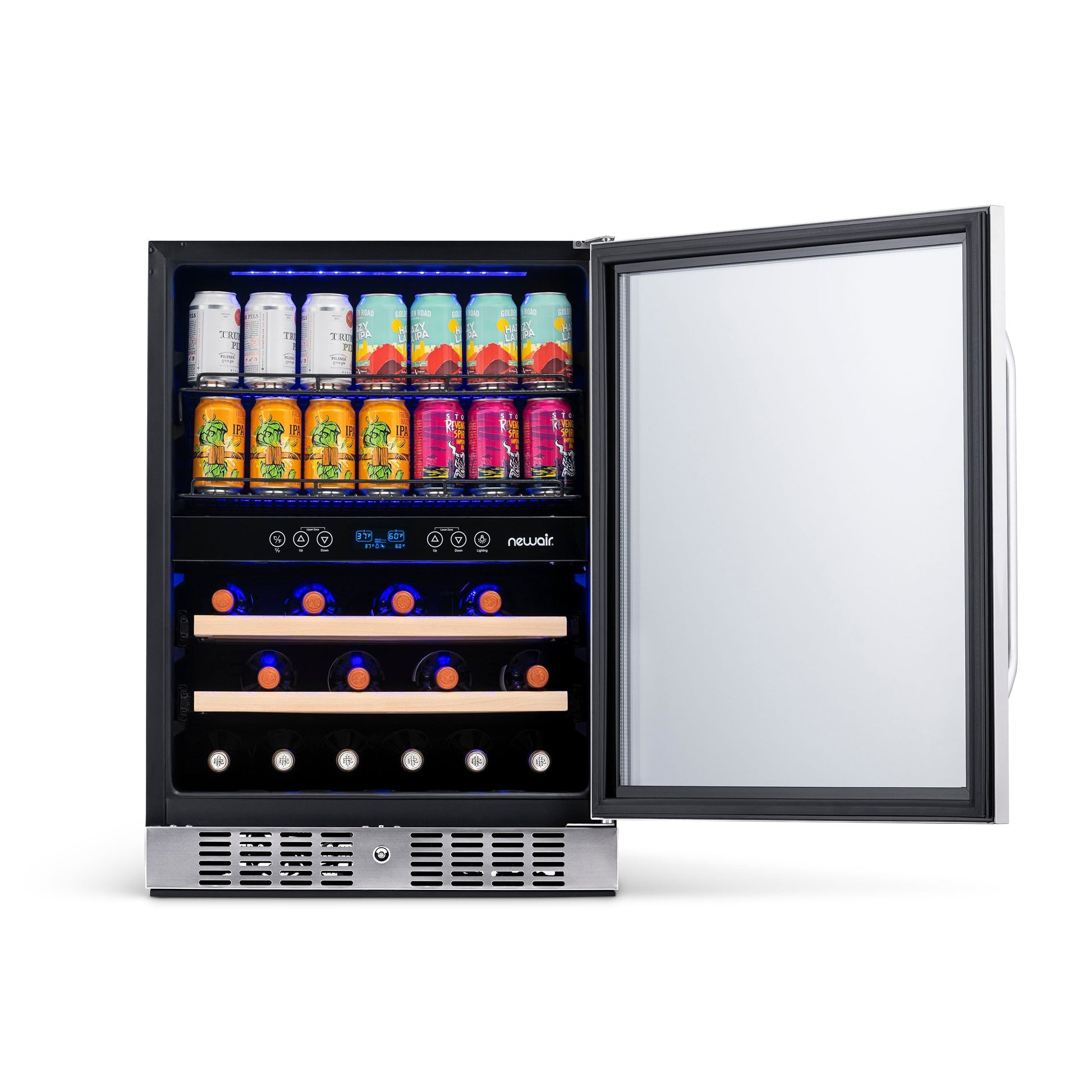 Newair 24” Built-in Dual Zone 20 Bottle and 70 Can Wine and Beverage Fridge in Stainless Steel with SplitShelf™ and Smooth Rolling Shelves