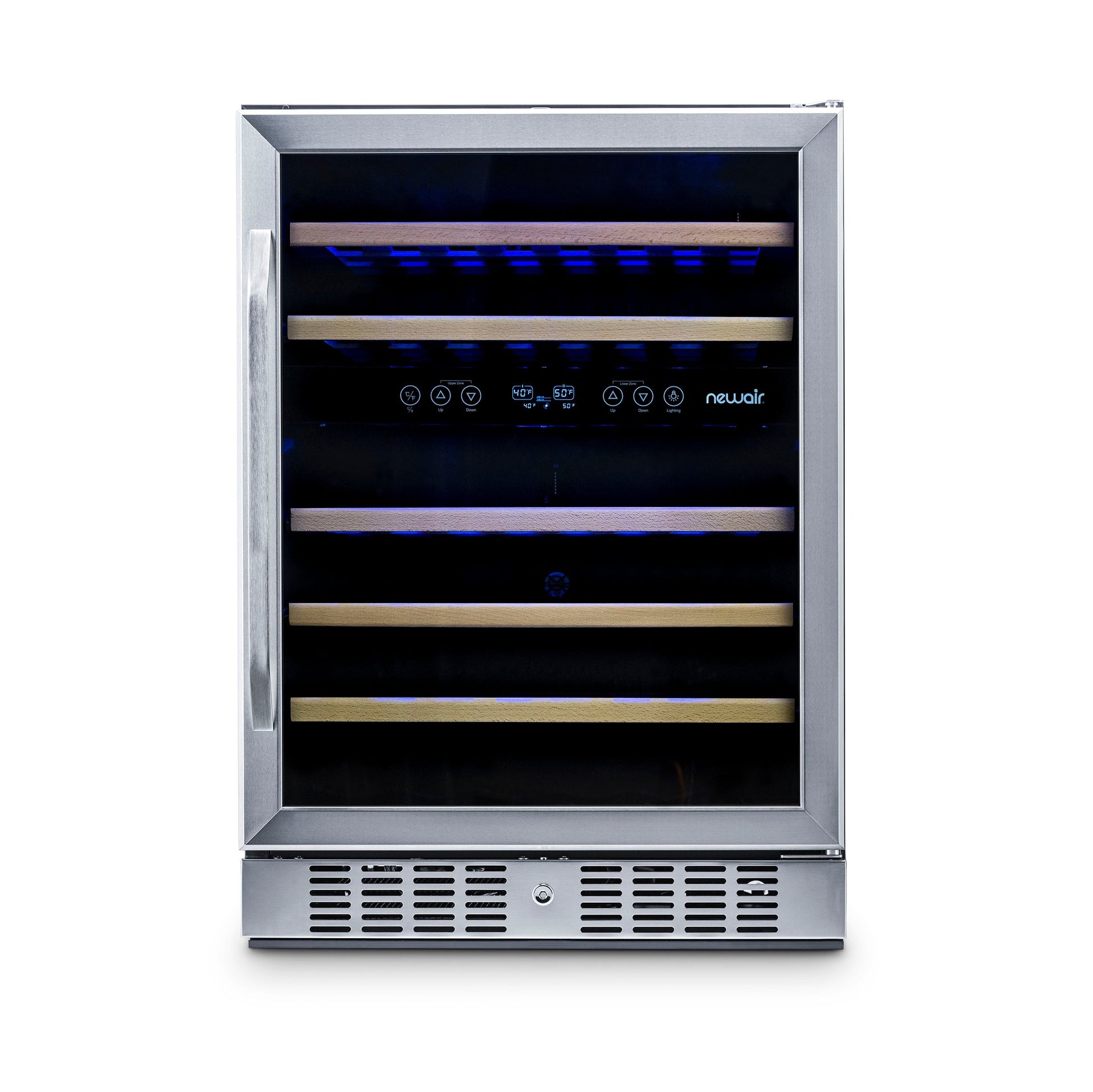 Newair 24” Built-in 46 Bottle Dual Zone Wine Fridge in Stainless Steel, Quiet Operation with Beech Wood Shelves