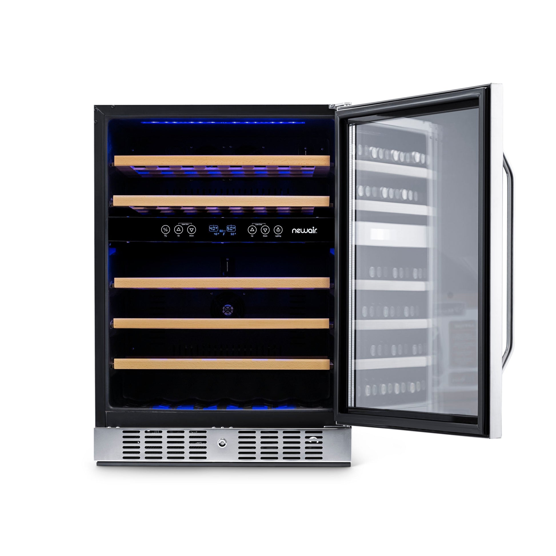 Newair 24” Built-in 46 Bottle Dual Zone Wine Fridge in Stainless Steel, Quiet Operation with Beech Wood Shelves