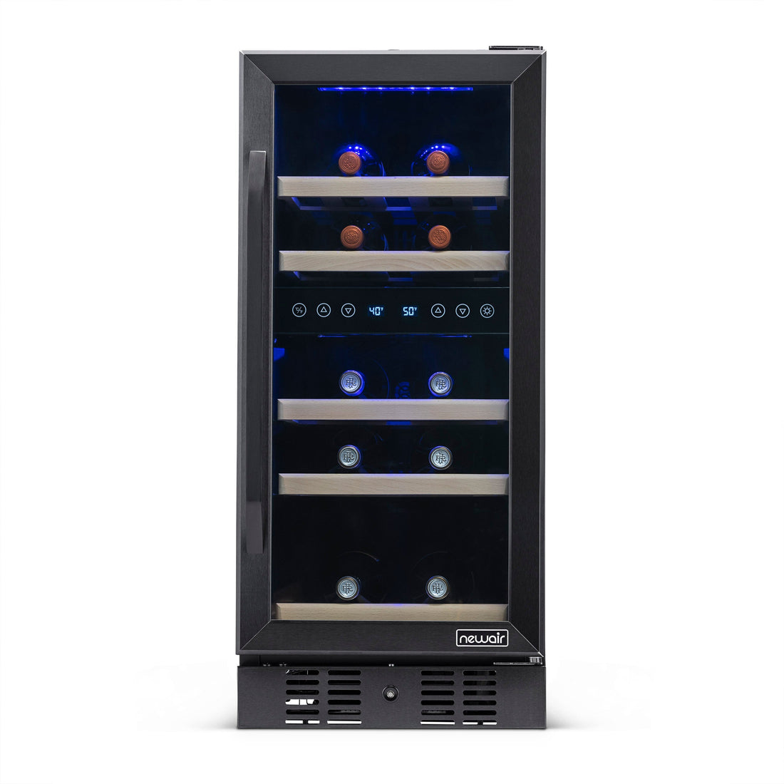 Newair 15” Built-in 29 Bottle Dual Zone Wine Fridge in Black Stainless Steel