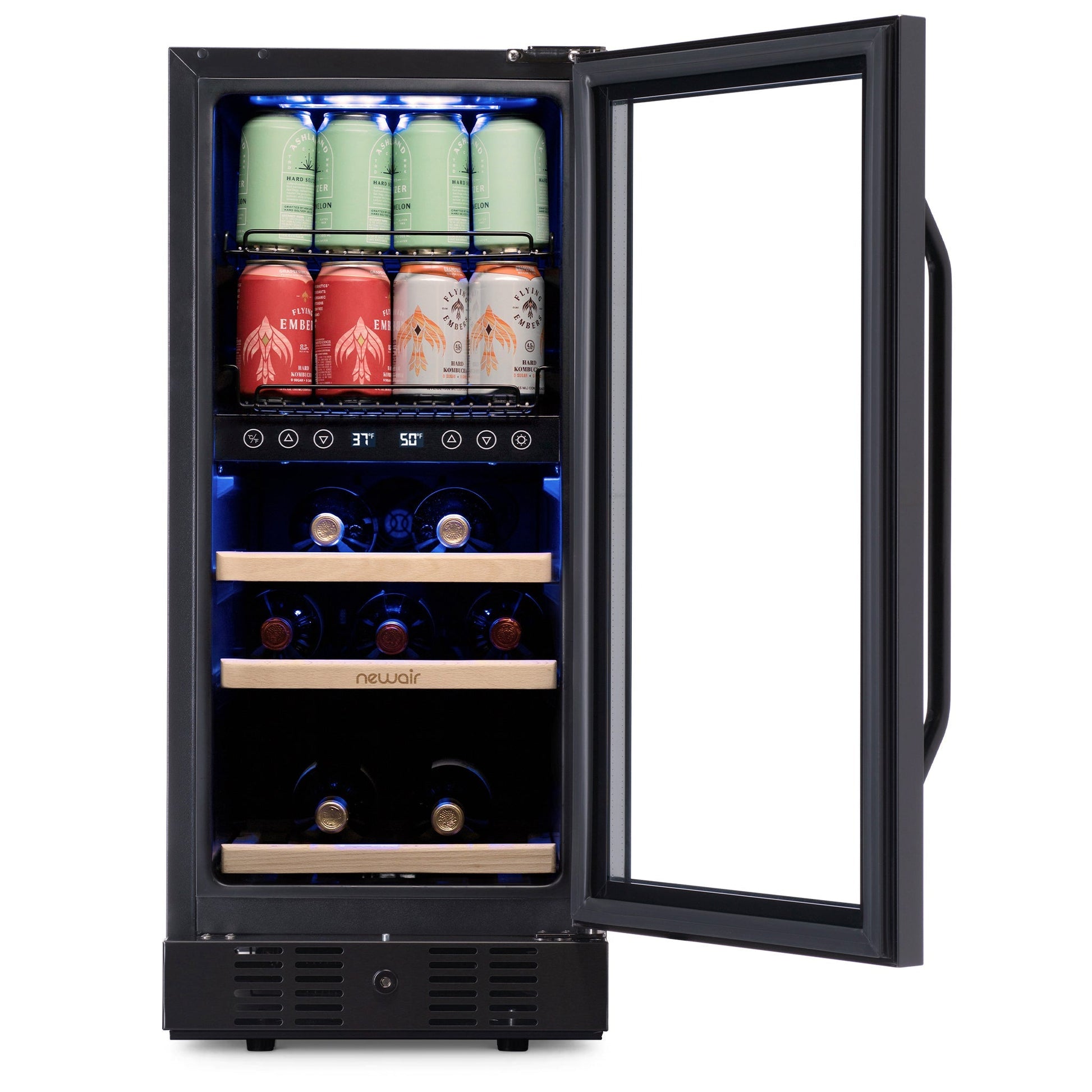 Newair 15 Inch Wine and Beverage Refrigerator – 13 Bottles & 48 Cans Capacity with Dual Temperature Zone Wine Cooler, Black Stainless Steel & Double-Layer Tempered Glass Door, Compact Wine Cellar Built-in Counter or Freestanding Fridge