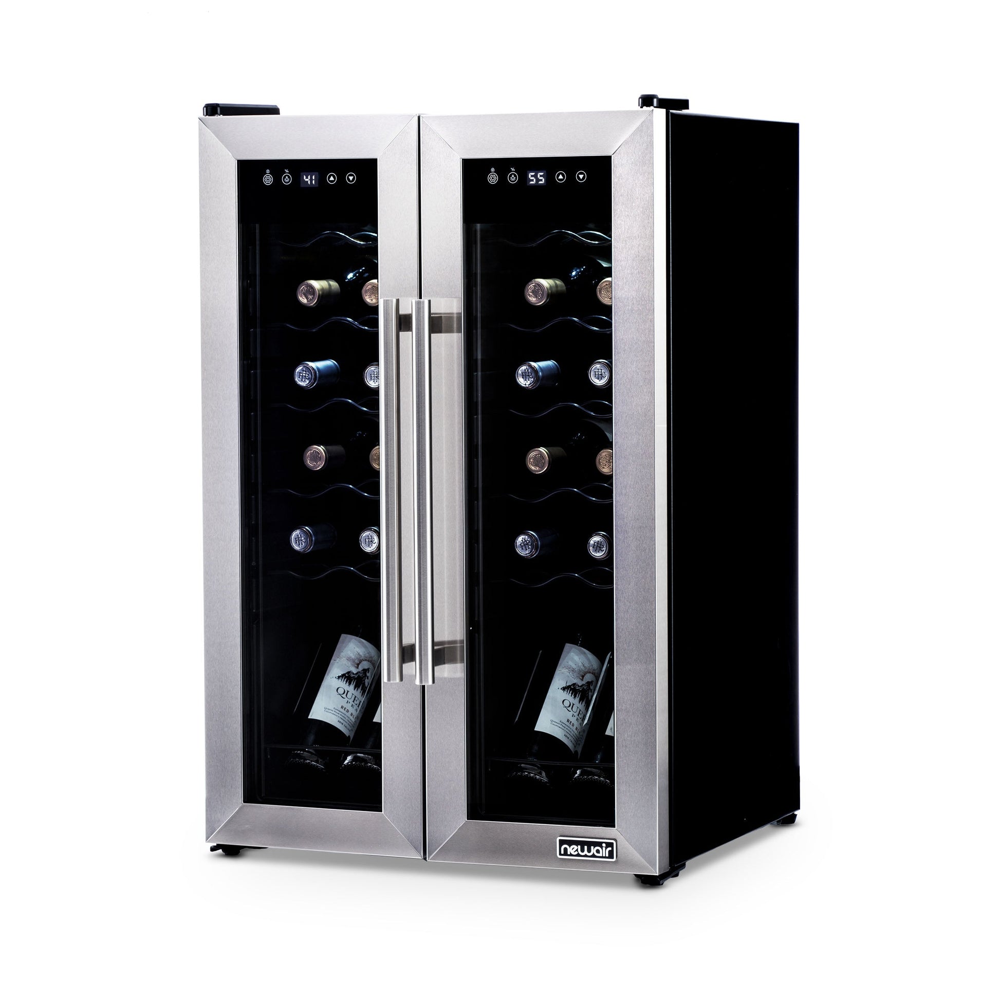 Newair 24?Bottle Wine Cooler Refrigerator, French Door Dual Temperature Zones, Freestanding Wine Fridge with Stainless Steel & Double-Layer Tempered Glass Door, Quiet Compressor Cooling for Reds, Whites, and Sparkling Wine