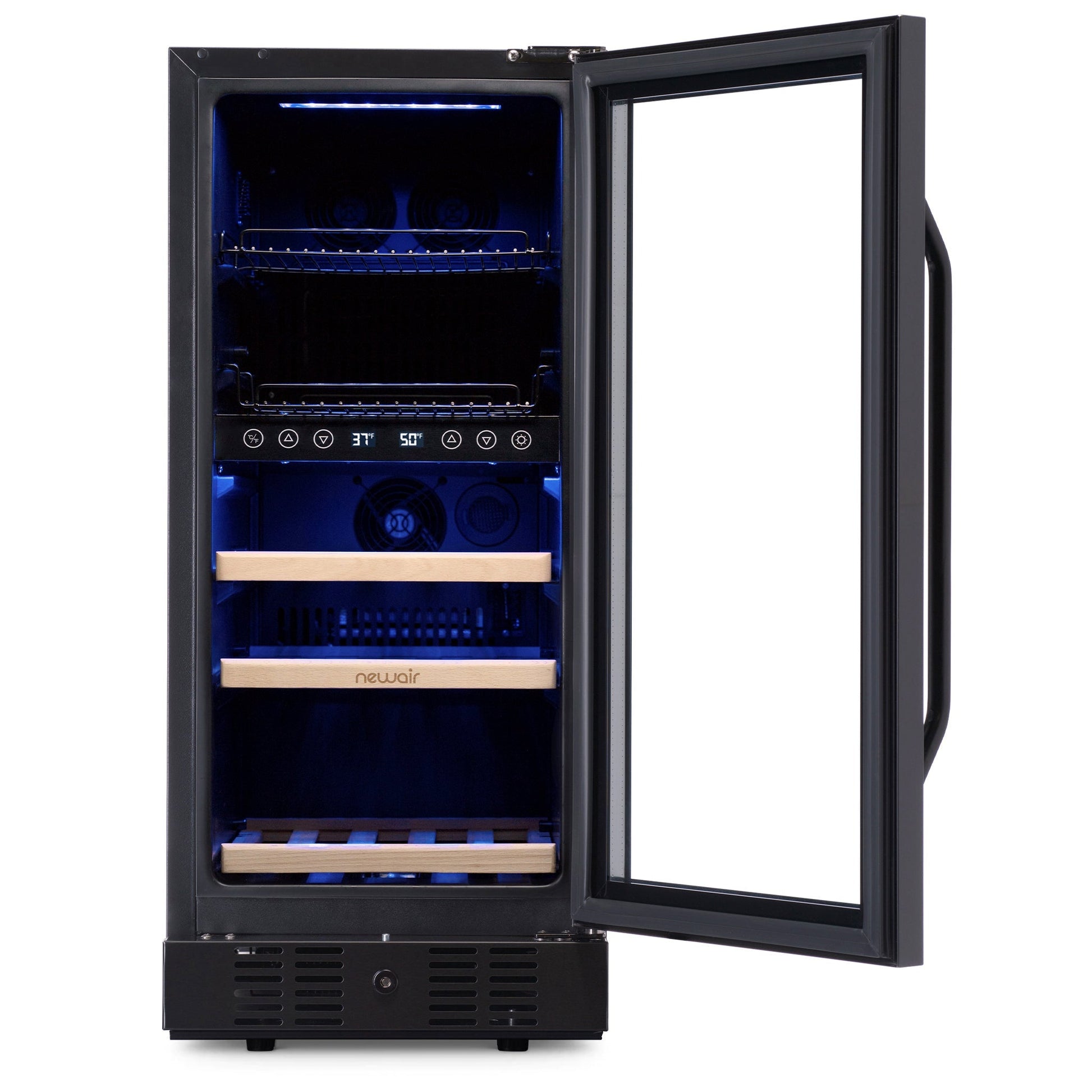 Newair 15 Inch Wine and Beverage Refrigerator – 13 Bottles & 48 Cans Capacity with Dual Temperature Zone Wine Cooler, Black Stainless Steel & Double-Layer Tempered Glass Door, Compact Wine Cellar Built-in Counter or Freestanding Fridge