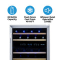 Newair 24” Built-in 46 Bottle Dual Zone Wine Fridge in Stainless Steel, Quiet Operation with Beech Wood Shelves