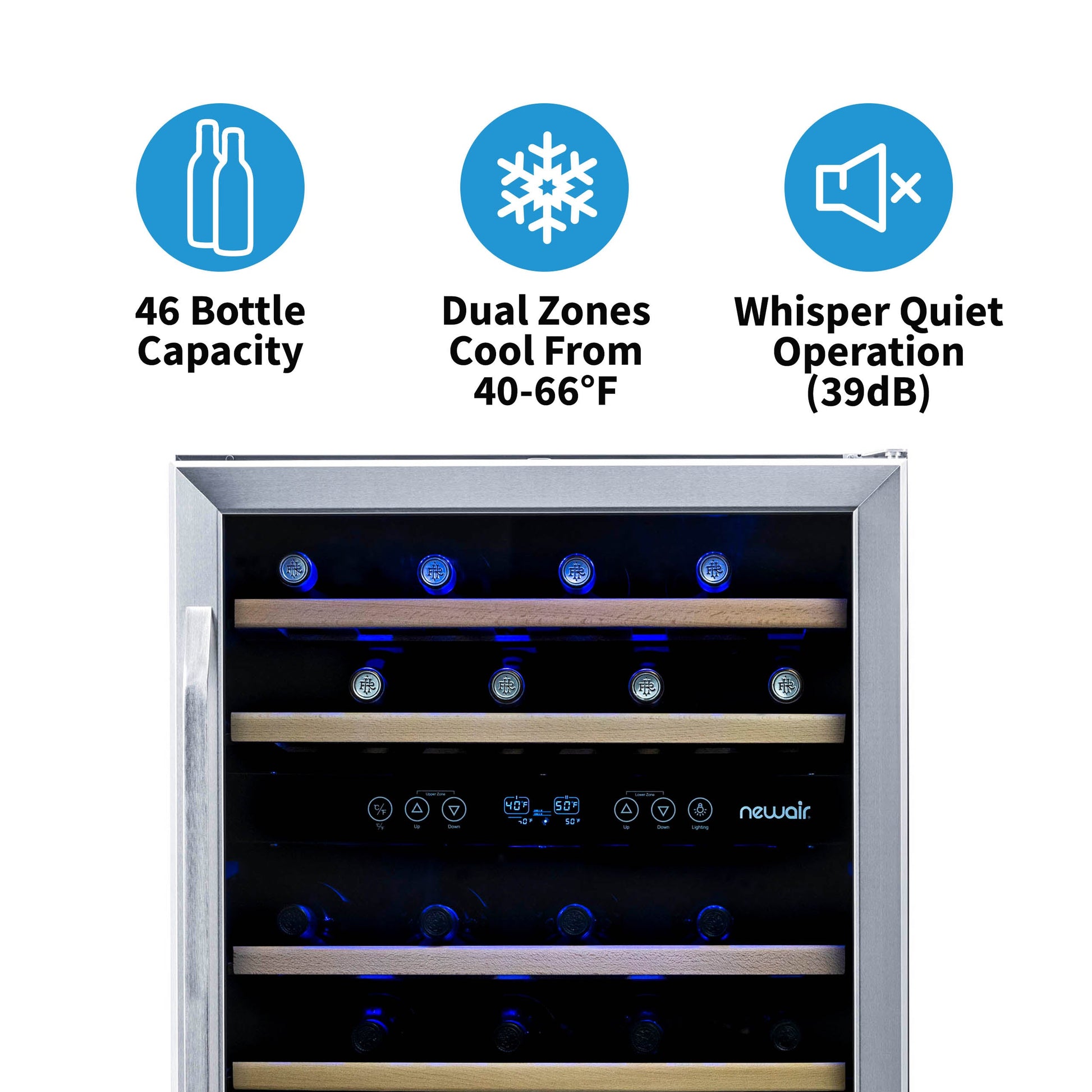 Newair 24” Built-in 46 Bottle Dual Zone Wine Fridge in Stainless Steel, Quiet Operation with Beech Wood Shelves