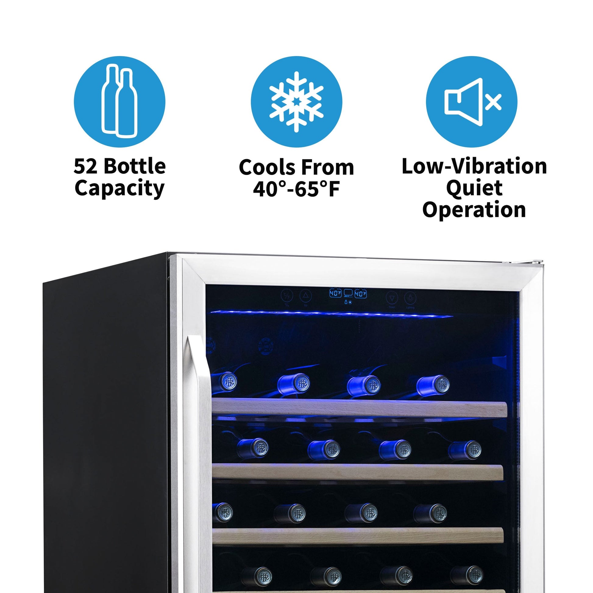 Newair 24" Built-In 52 Bottle Compressor Wine Fridge in Stainless Steel with Premium Beech Wood Shelves