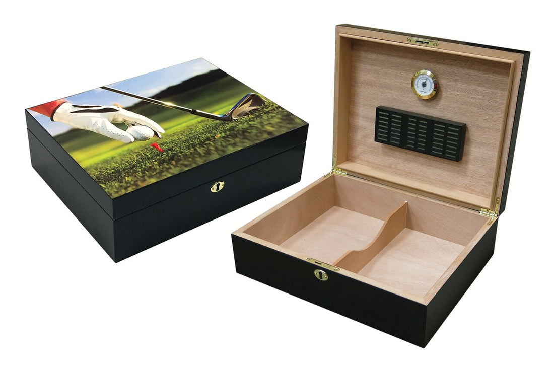 Prestige Imports 9-Iron 75 Ct. Vivid 3D Golf Scene Humidor with Black Satin Finish - Crown Humidors