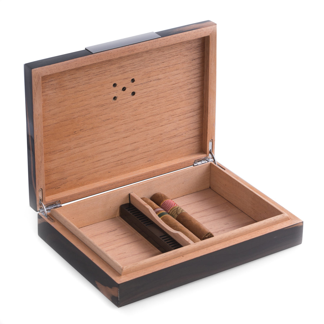 Lacquered "Ebony" Wood 12 Cigar Humidor with Spanish Cedar Lining and Stainless Steel Accents - Crown Humidors